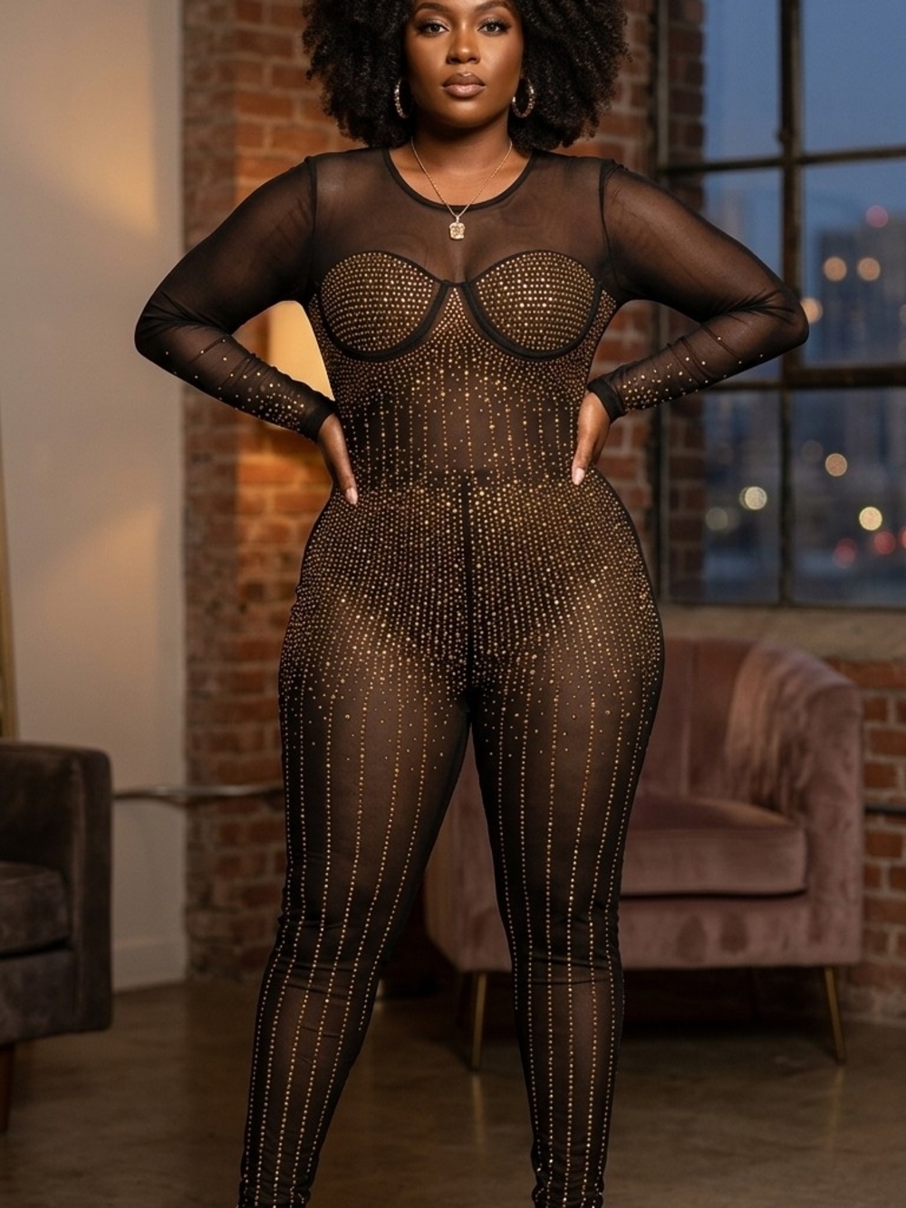 Sheer Black Jumpsuit with Gold Stud Detailing